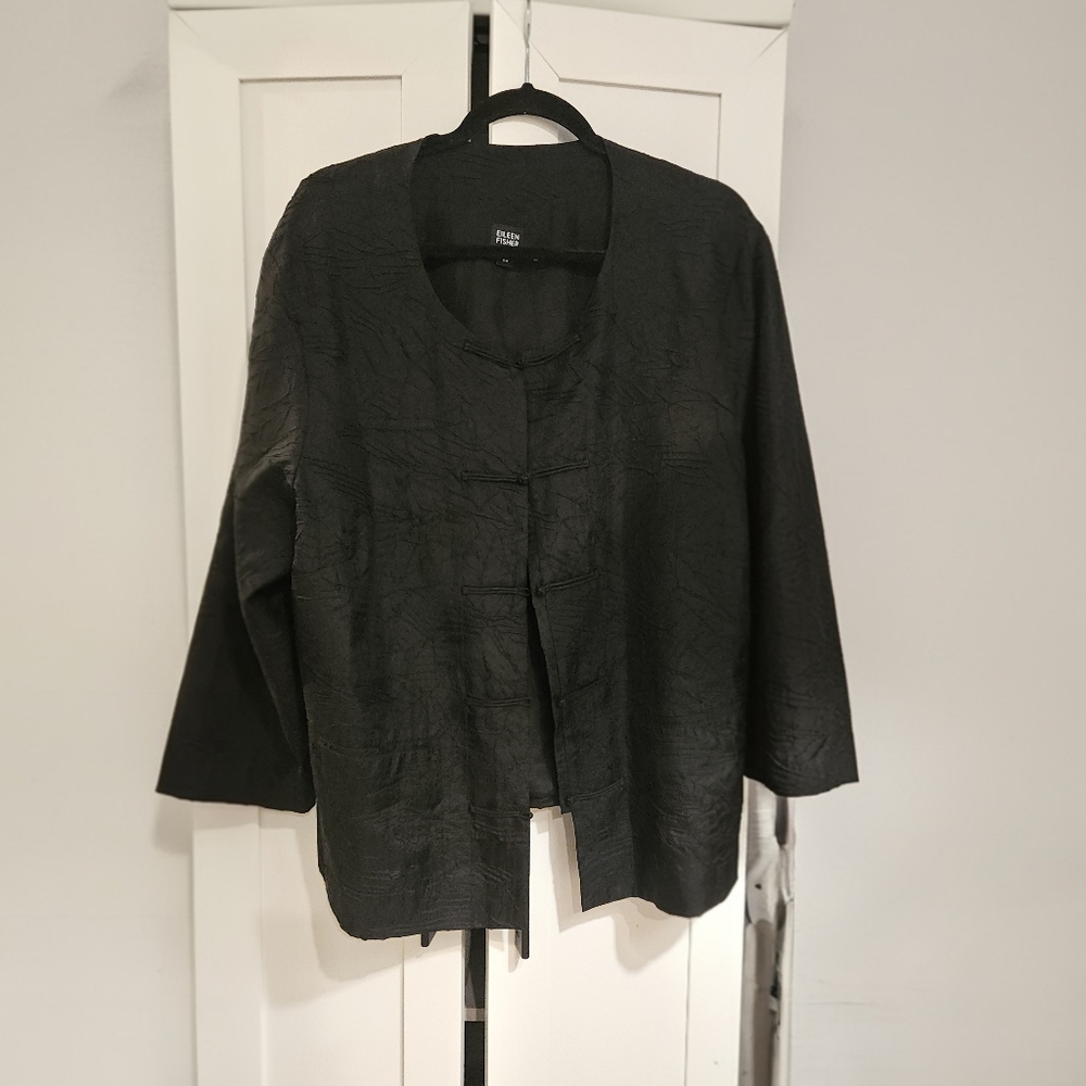 Eileen Fisher SILK Black Textured Madarin Jacket 2x NWOT
